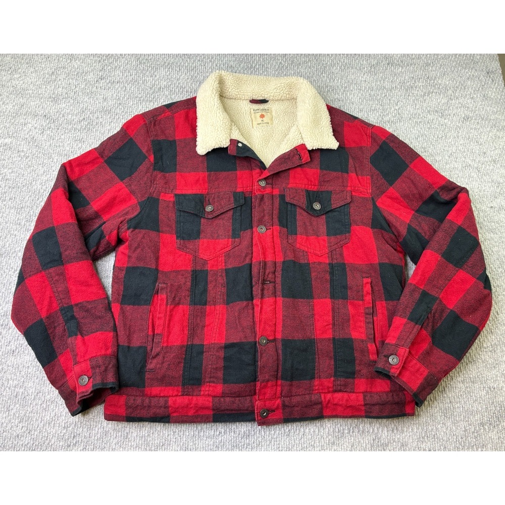 Ruff Hewn Mens XL Buffalo Plaid Sherpa Lined Flannel Trucker Jacket Red Black